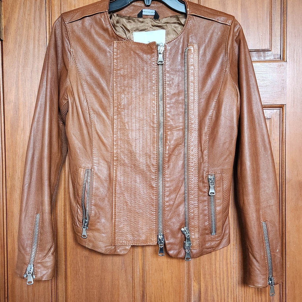 Dolan Brown Leather Jacket with Silver Zippers